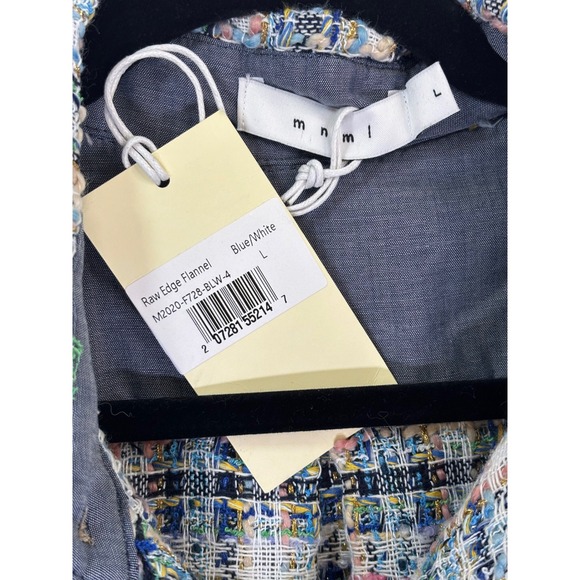 mnml Raw Edge Flannel Shirt Jacket Blue White Plaid Tweed Frayed Hem Men's L - Picture 3 of 8